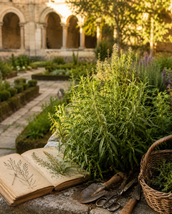 jardin botanique de la Renaissance avec estragon au premier plan