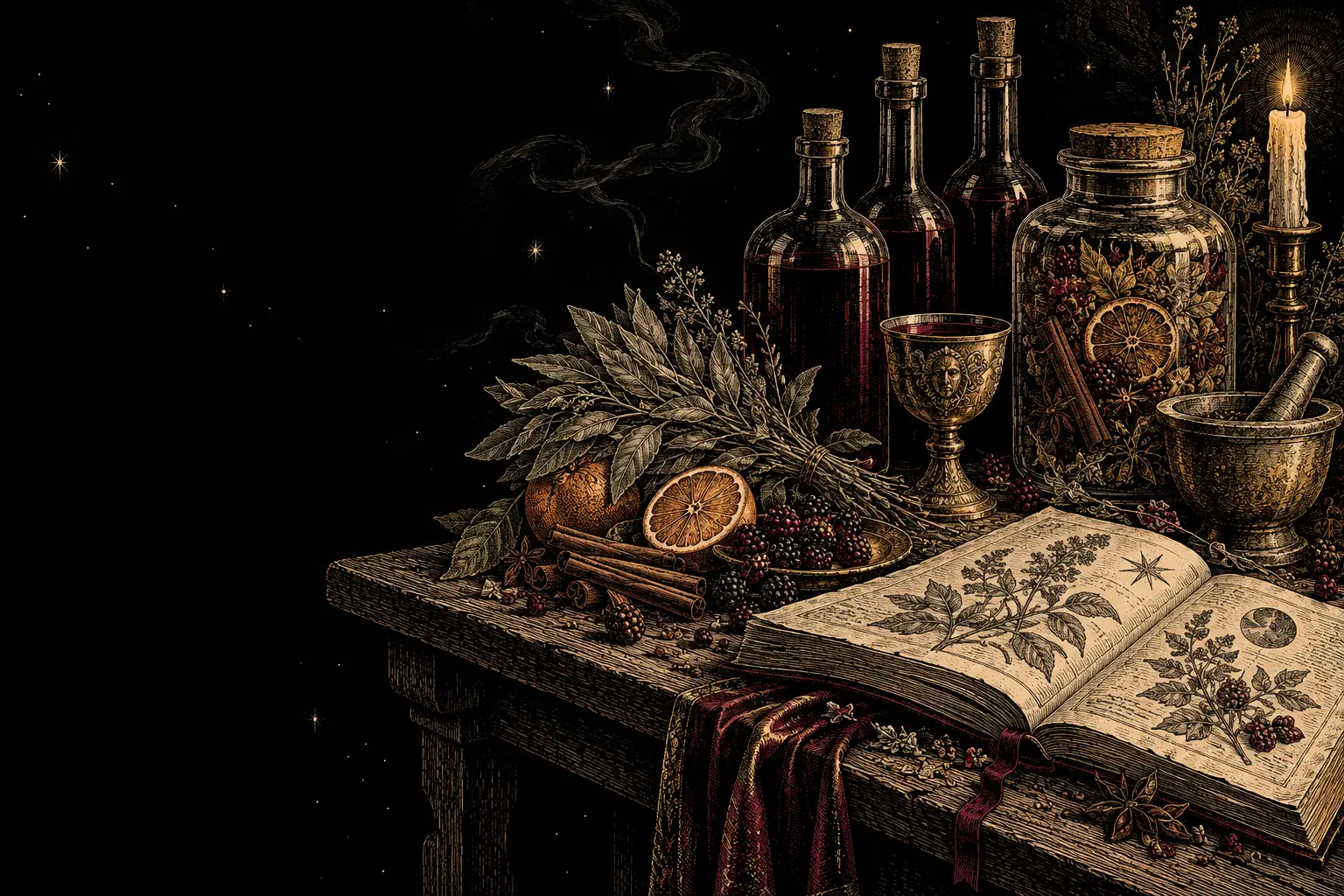 Gravure : la table d'un liquoriste, bouteilles, bocal de macération, hanap, grimoire ouvert, sauge, cannelle et mûres