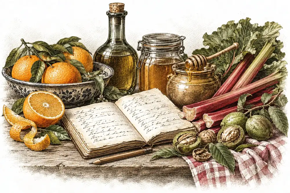 Gravure d'un carnet de recettes ouvert entouré d'oranges, de rhubarbe et de noix vertes