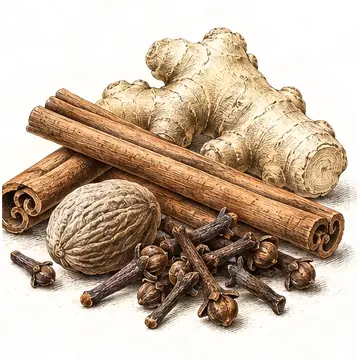Gravure d'épices : cannelle, girofle, muscade et gingembre