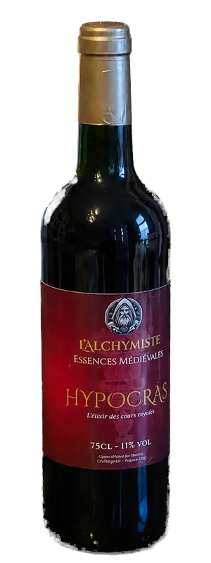 Bouteille d'Hypocras de L'Alchymiste, boisson aromatisée à base de vin, sur vin rouge, aux épices et au miel, étiquette bordeaux