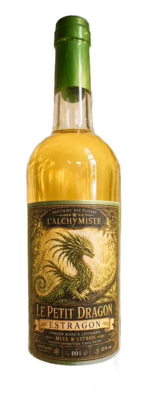Bouteille du Petit Dragon, boisson aromatisée à base de vin, au vin blanc et à l'estragon, du Bestiaire des Élixirs, étiquette au dragon vert