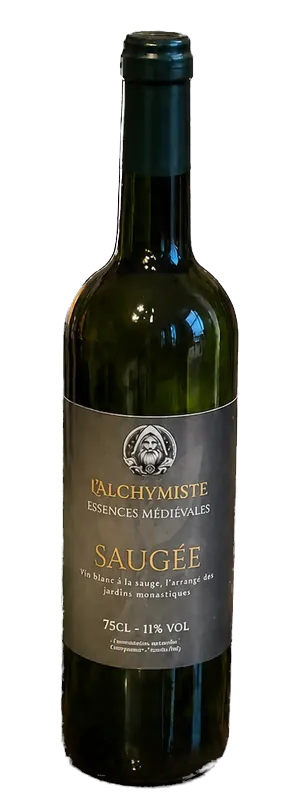 Bouteille de Saugée de L'Alchymiste, boisson aromatisée à base de vin, au vin blanc et à la sauge