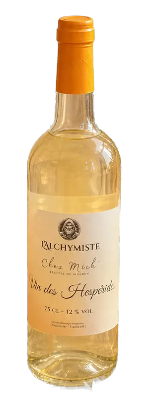 Bouteille de Vin des Hespérides, boisson aromatisée à base de vin, au vin blanc et à l'orange, de la gamme Chez Mich'