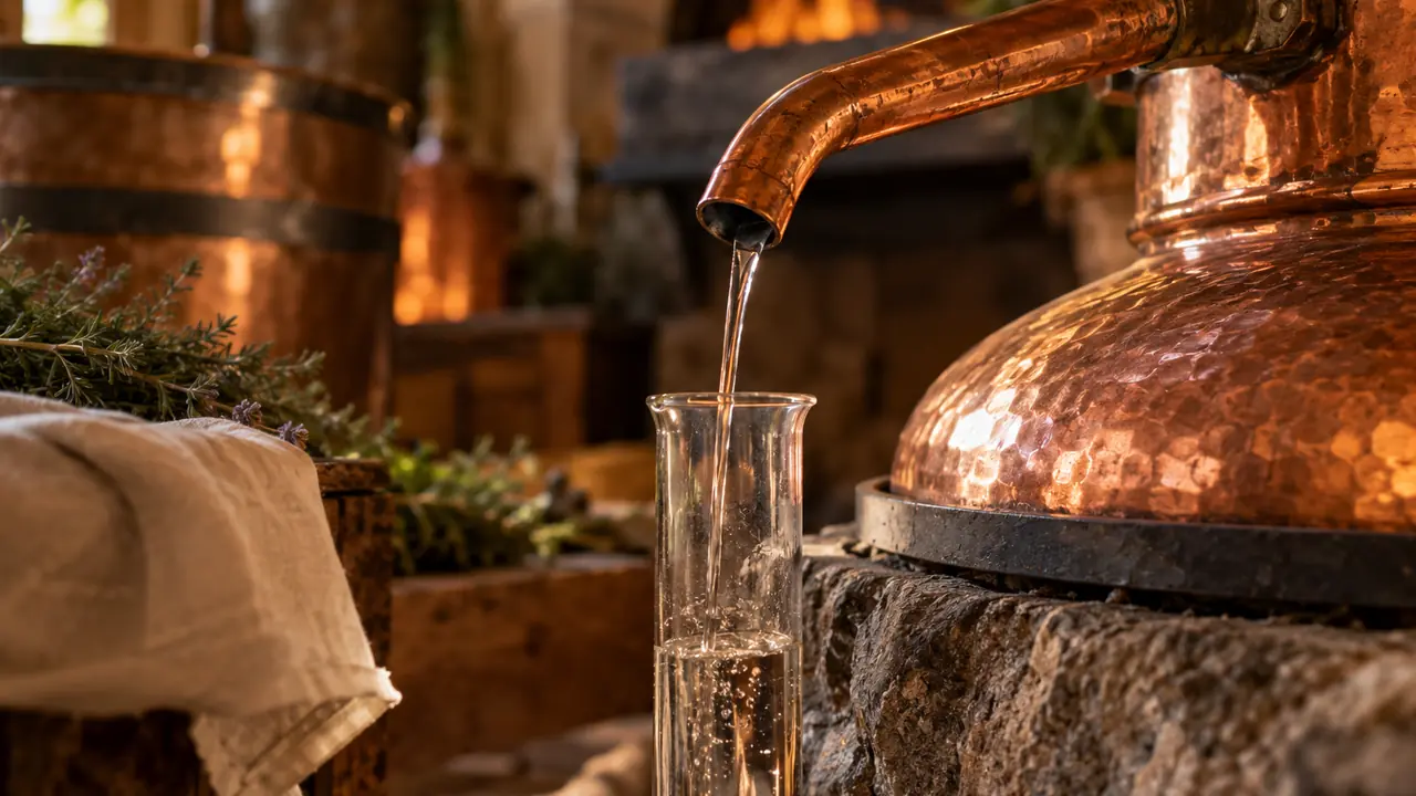 filet de distillat coulant d'un alambic en cuivre dans une éprouvette, dans une distillerie artisanale