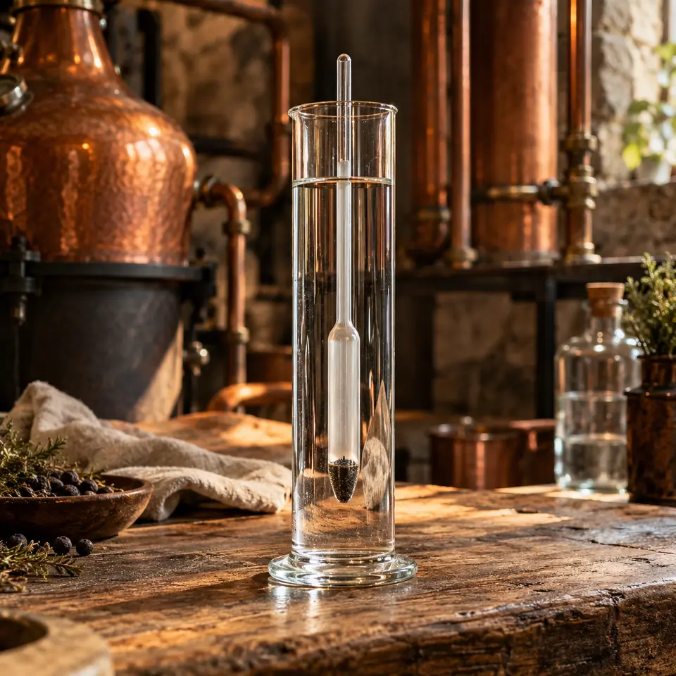 alcoomètre en verre flottant dans une éprouvette remplie d'eau-de-vie claire
