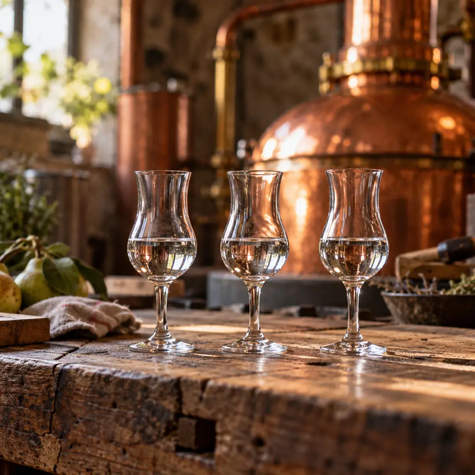 trois petits verres de distillat alignés sur un établi en bois, à côté d'un alambic