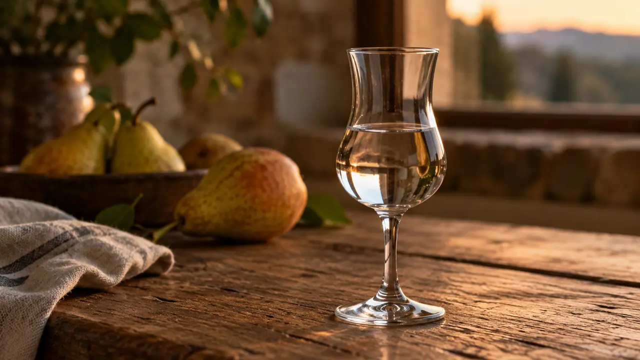verre d'eau-de-vie claire posé sur une table en bois, éclairé par une lumière chaude