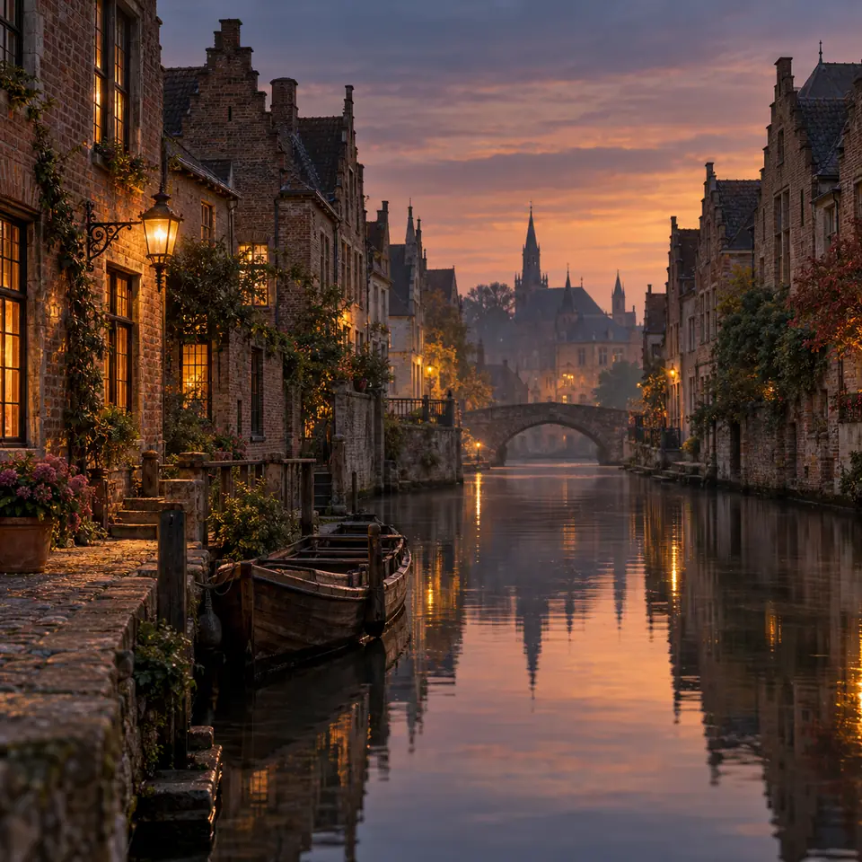 canal flamand bordé d'entrepôts de briques anciens au crépuscule