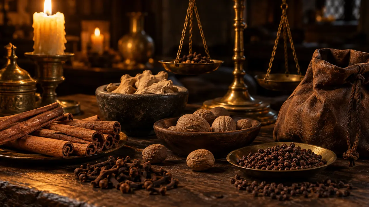 bâtons de cannelle, clous de girofle, noix de muscade et graines de paradis sur une table en bois éclairée à la bougie