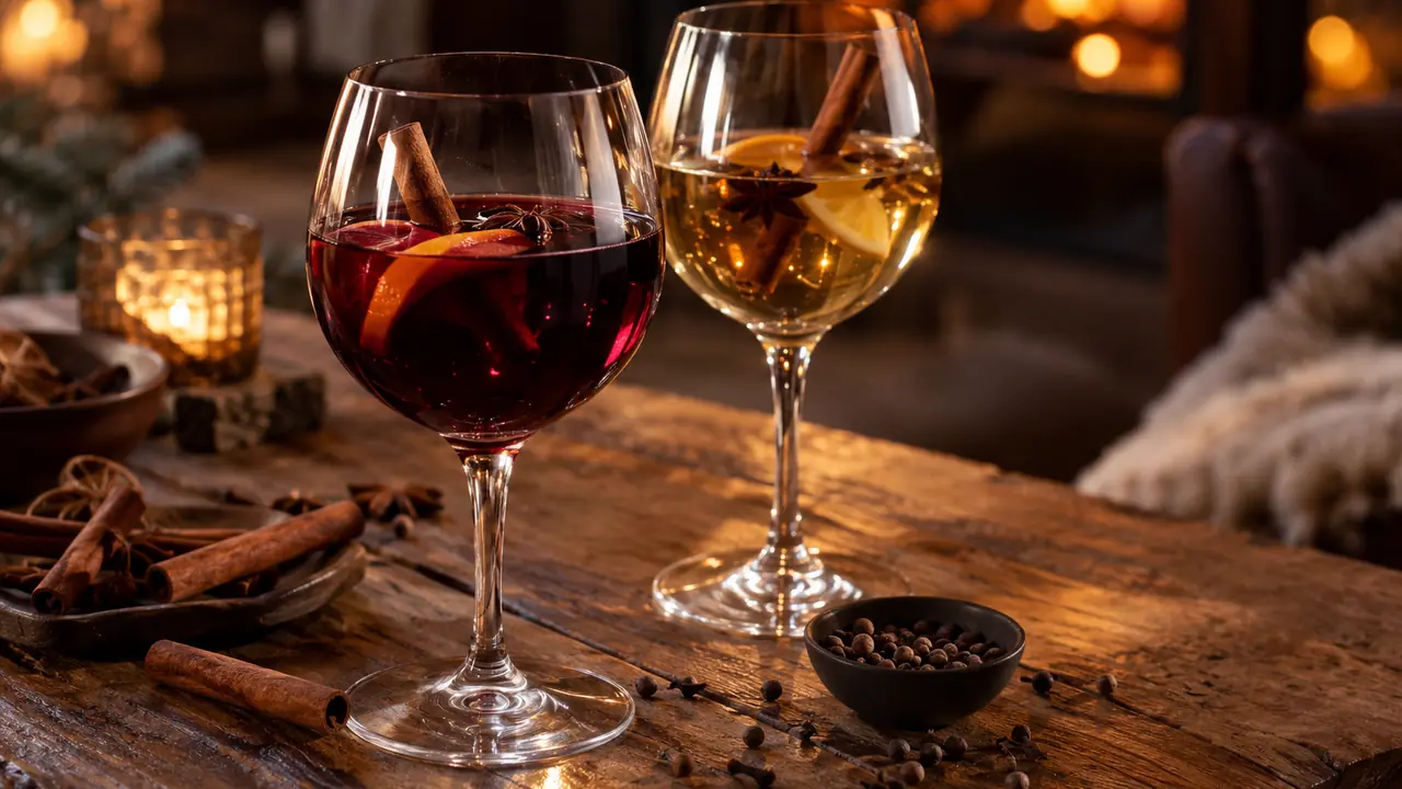 un verre de vin épicé rouge et un verre de vin épicé blanc sur une table, avec cannelle et girofle