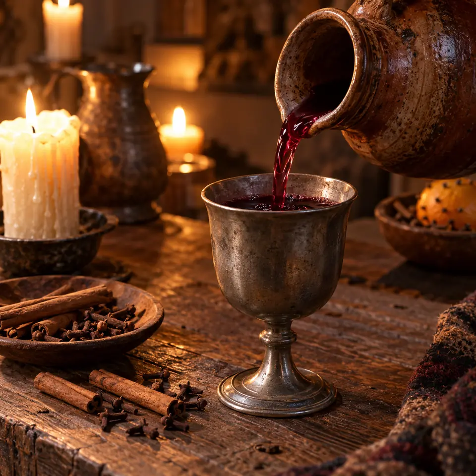 vin épicé versé dans un gobelet en étain entouré d'épices