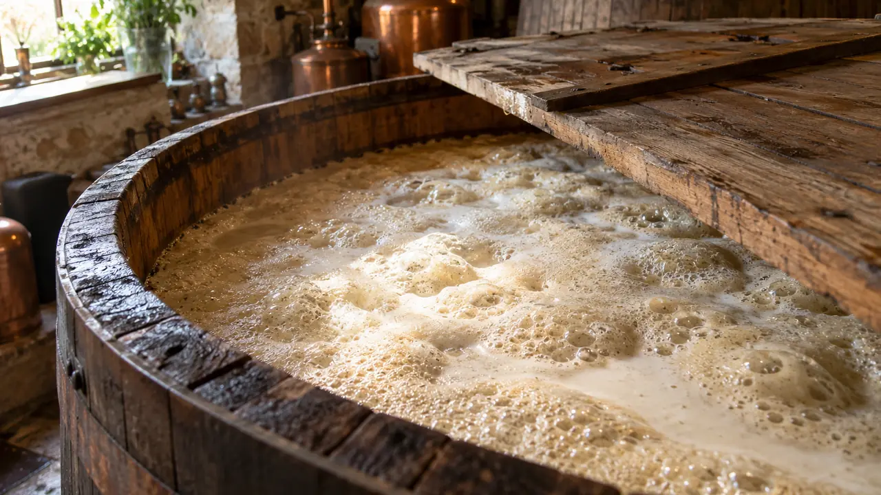 cuve de fermentation en bois remplie d'un moût couvert de mousse, dans une distillerie