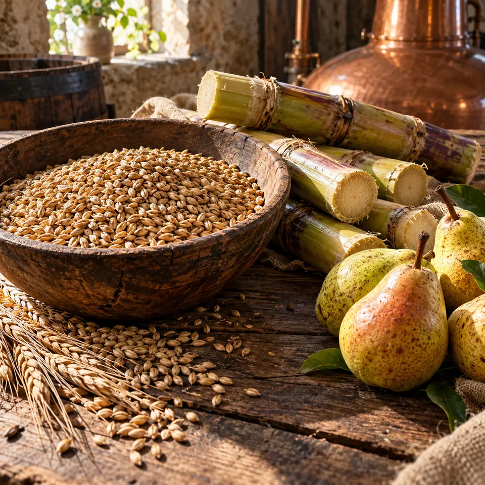 orge maltée, tronçons de canne à sucre et poires mûres sur une table en bois