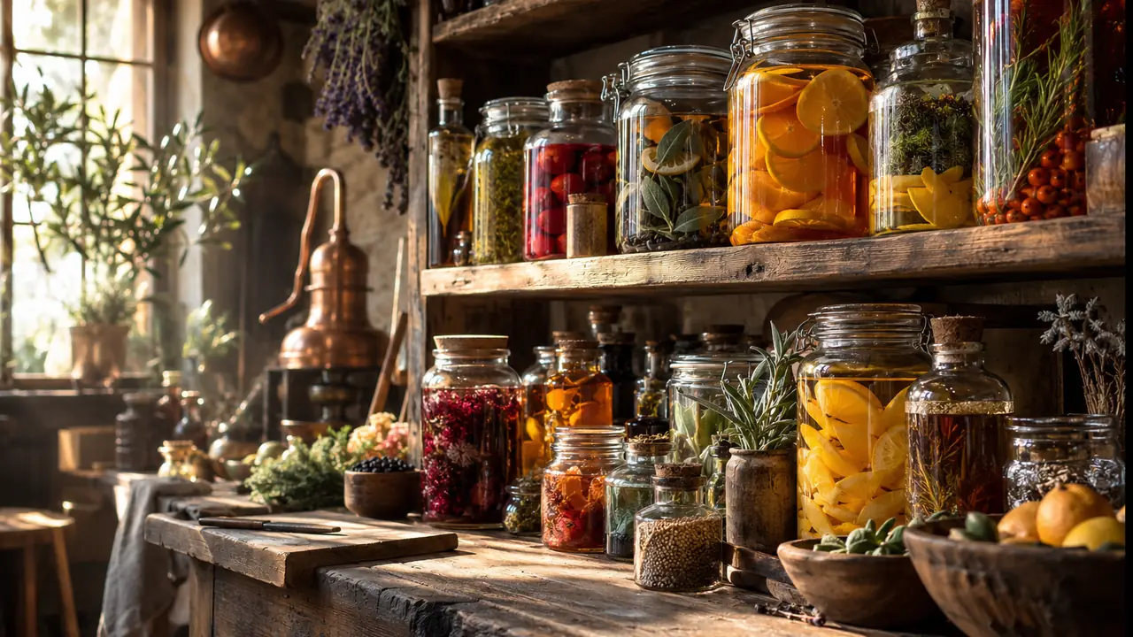 bocaux en verre remplis de fruits, d'herbes et d'épices en macération sur une étagère en bois