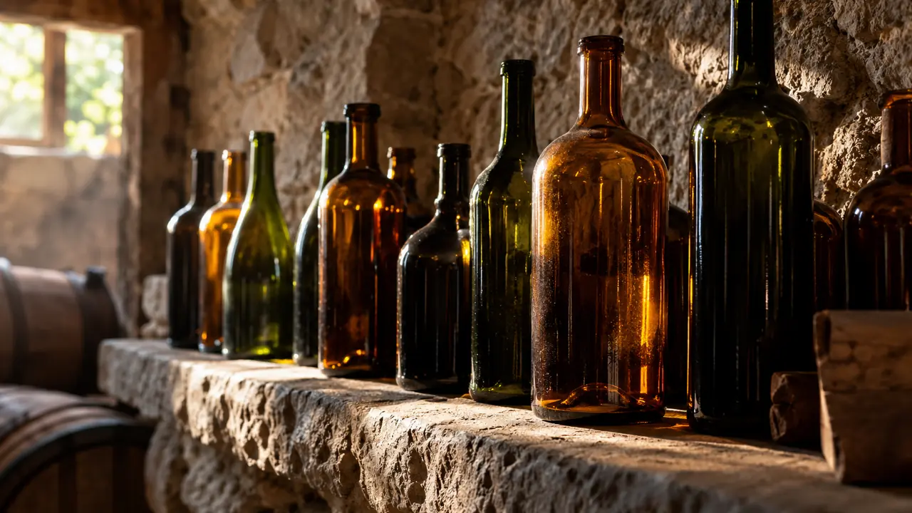 bouteilles en verre teinté au repos sur une étagère de cave