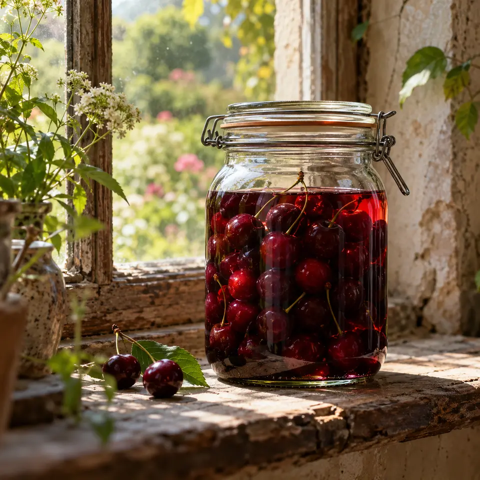 bocal de cerises en macération dans une eau-de-vie claire, sur le rebord d'une fenêtre
