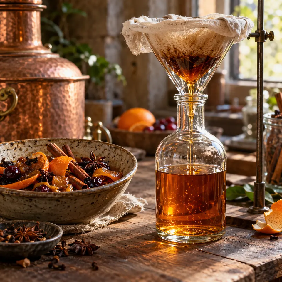liqueur filtrée à travers un tissu dans un entonnoir au-dessus d'une bouteille