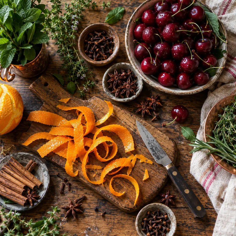 herbes fraîches, écorces d'agrumes, épices entières et fruits préparés sur une table en bois