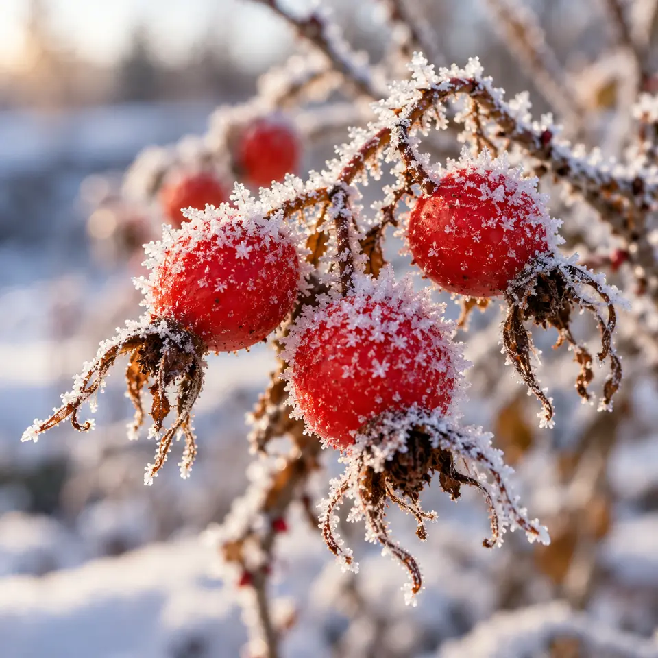 baies rouges d'églantier couvertes de givre sur la branche