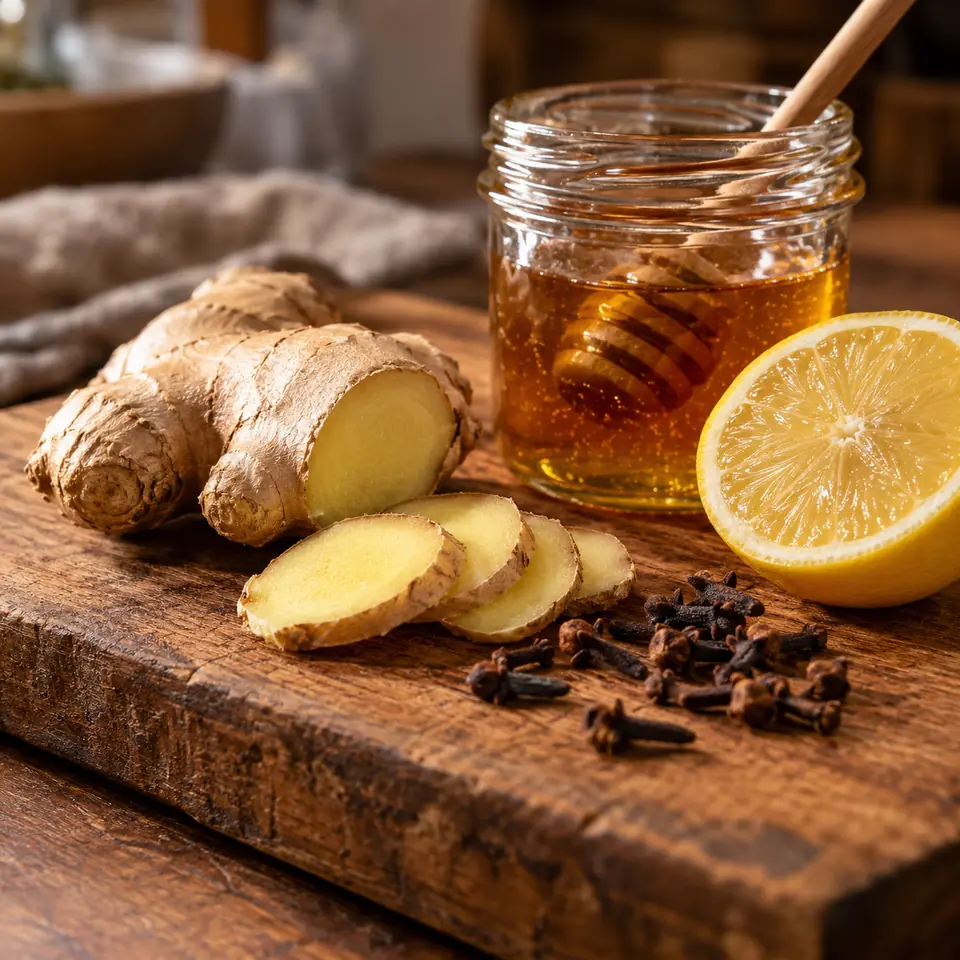 racine de gingembre, clous de girofle, citron et miel sur une planche en bois