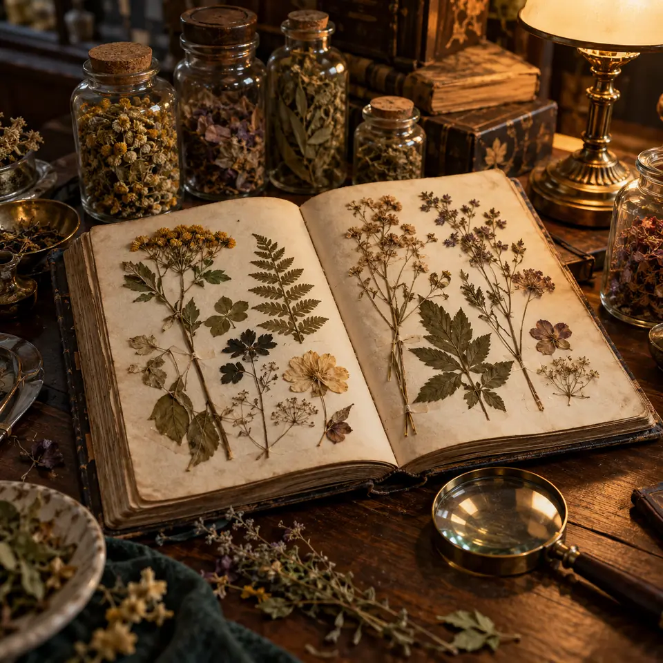 herbier ancien ouvert avec des plantes séchées et des bocaux d'herbes