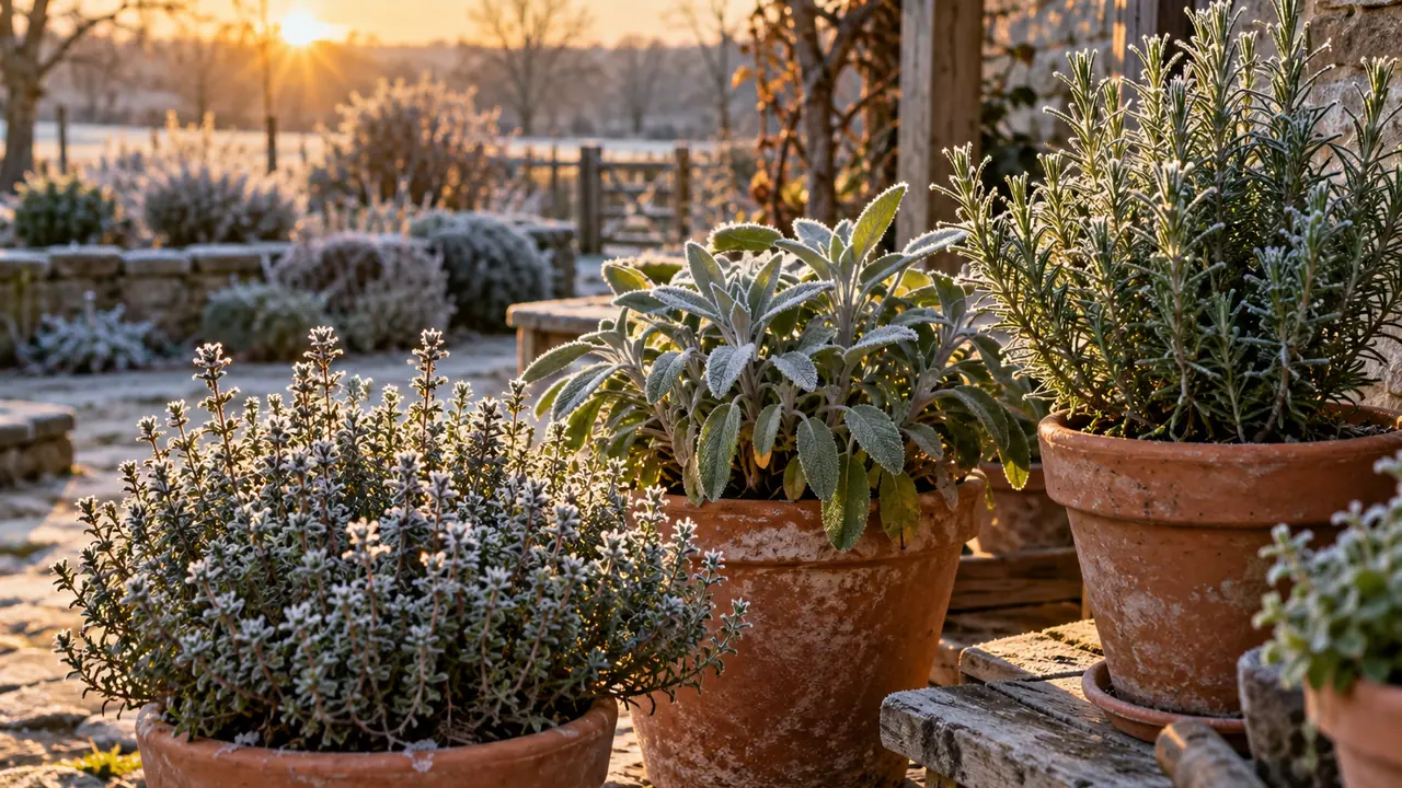 thym et sauge dans un jardin d'hiver saupoudré de givre