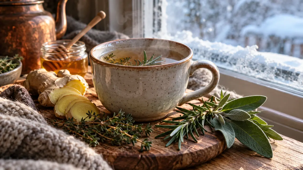 tasse de tisane fumante entourée de thym, de sauge, de romarin et de rondelles de gingembre sur une table en bois en hiver
