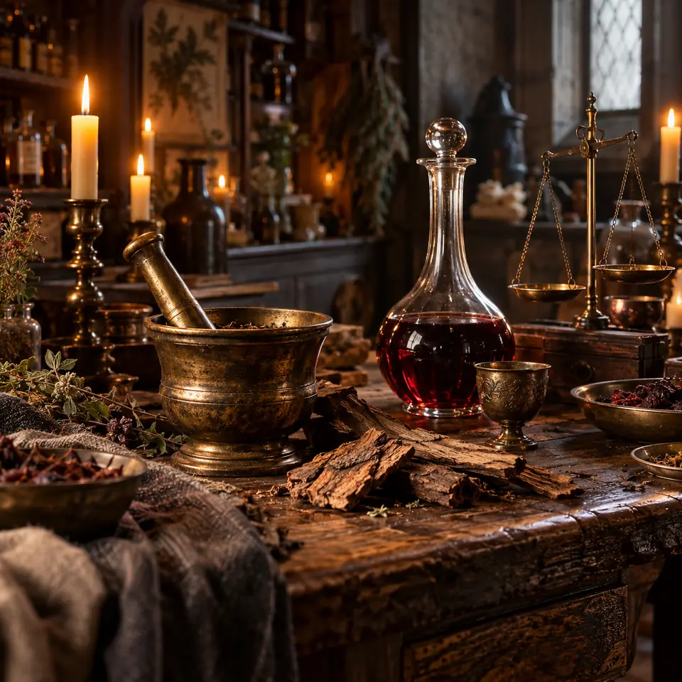 table d'apothicaire du XVIIe siècle avec mortier, écorces et carafe de vin
