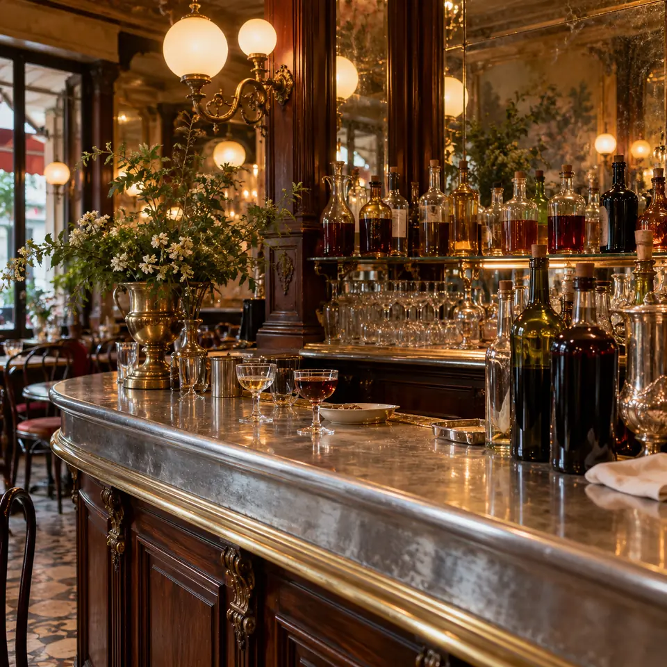 comptoir de café Belle Époque avec bouteilles d'apéritif anciennes et verres