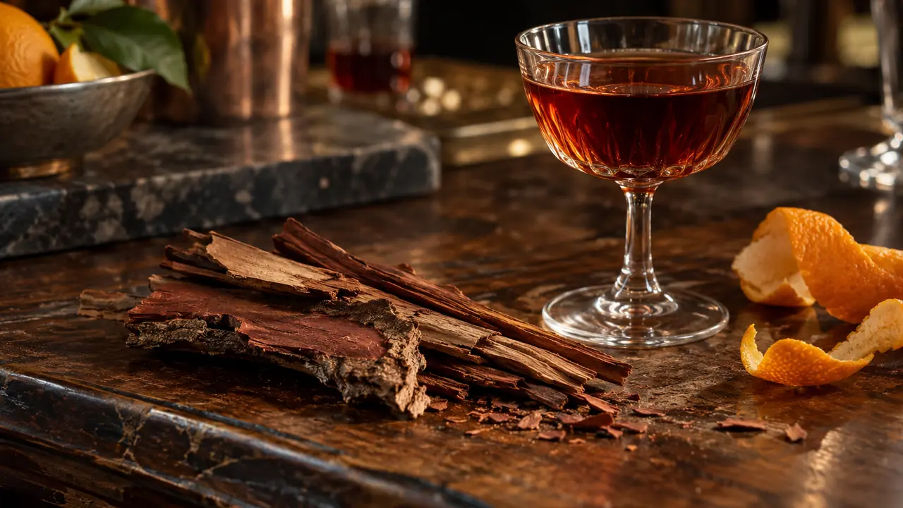 morceaux d'écorce de quinquina à côté d'un verre d'apéritif ambré sur un comptoir en bois