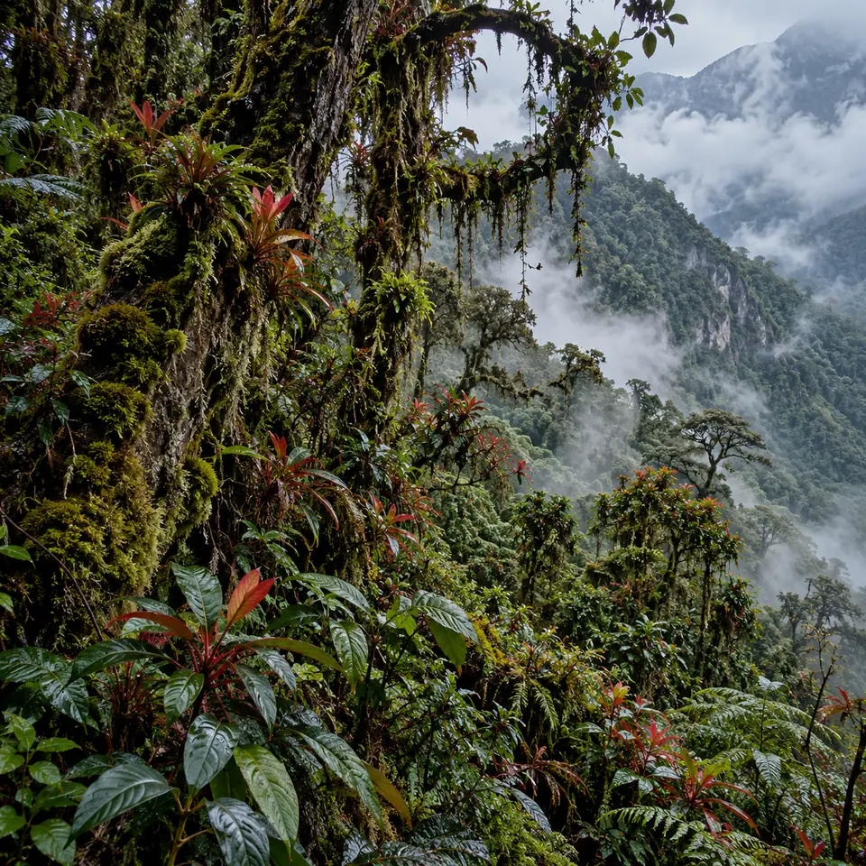 forêt de montagne andine dans la brume, aux arbres couverts de mousse