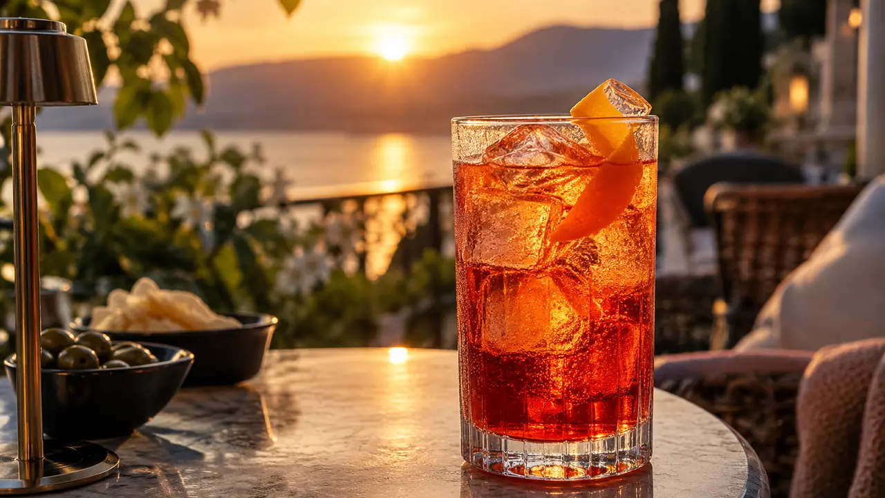 apéritif au quinquina allongé de tonic avec un zeste d'orange, sur une terrasse au soleil couchant