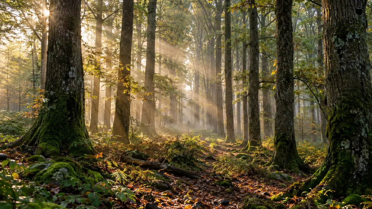 futaie de grands chênes droits dans une forêt française au matin