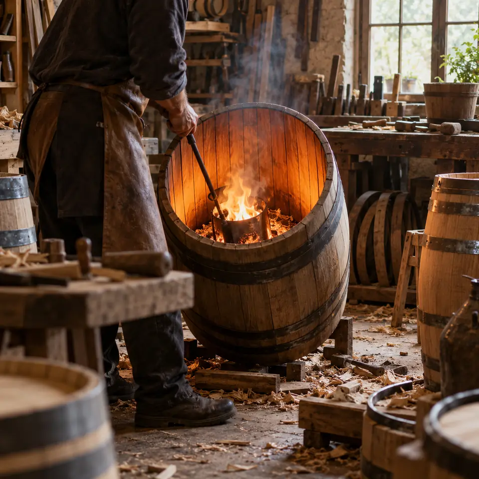 tonnelier chauffant l'intérieur d'un fût au-dessus d'un feu de copeaux