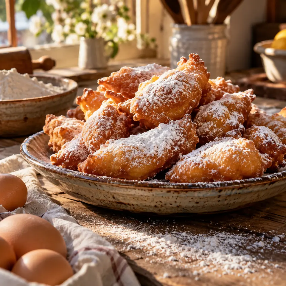 beignets dorés saupoudrés de sucre dans un plat ancien sur une table de cuisine