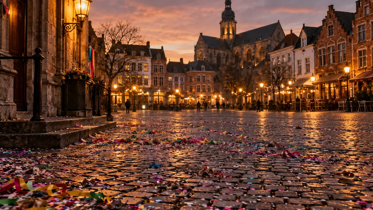 place pavée d'une petite ville belge au crépuscule, couverte de confettis après le cortège