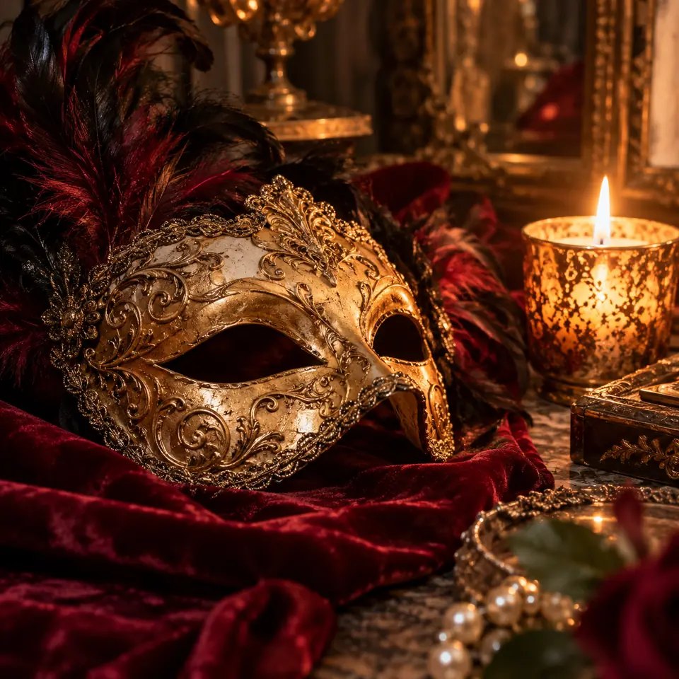 masque vénitien doré posé sur un velours sombre près d'une bougie