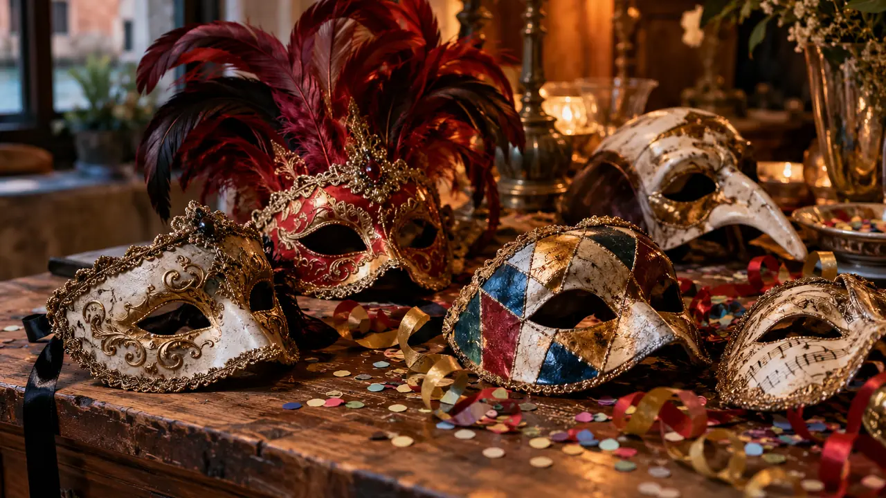 masques de carnaval, confettis et rubans sur une table en bois, lumière chaude