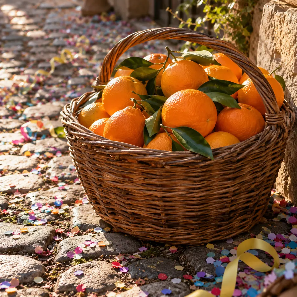panier en osier rempli d'oranges posé sur des pavés couverts de confettis