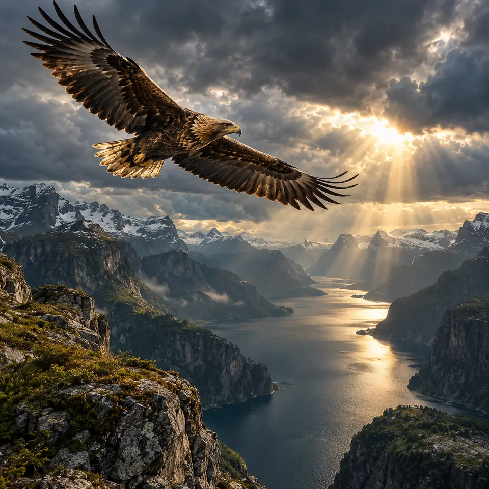 aigle planant dans un ciel d'orage au-dessus de montagnes nordiques