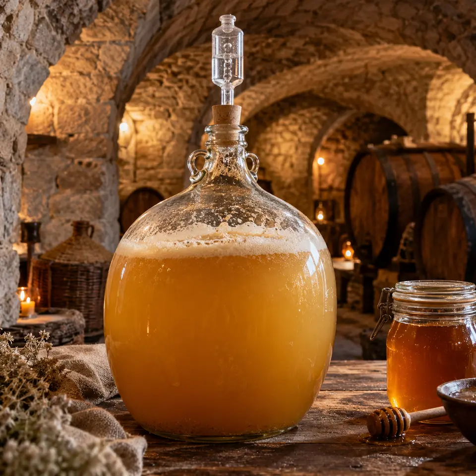 dame-jeanne d'hydromel en fermentation avec barboteur, dans une cave voûtée