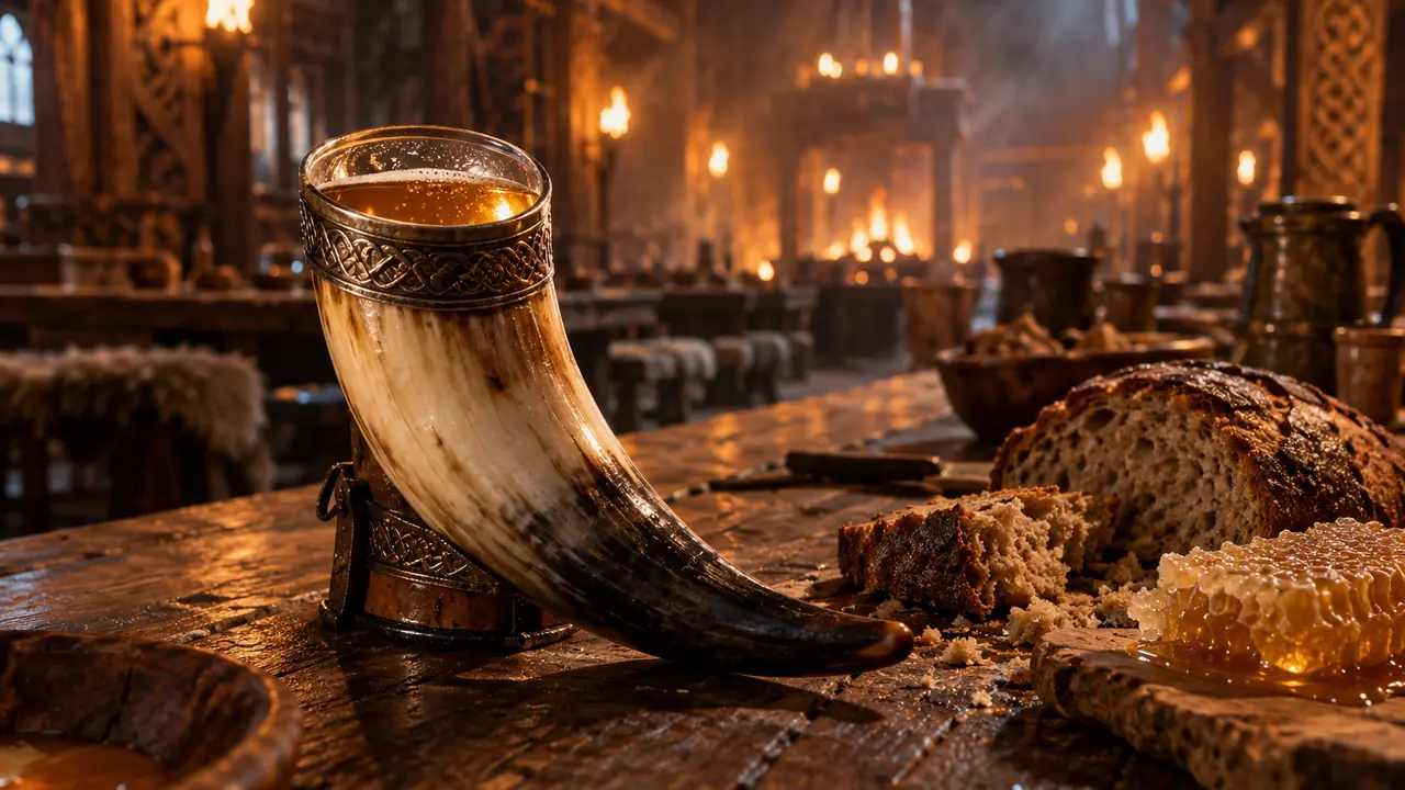 corne à boire remplie d'hydromel doré sur une longue table en bois éclairée par des torches
