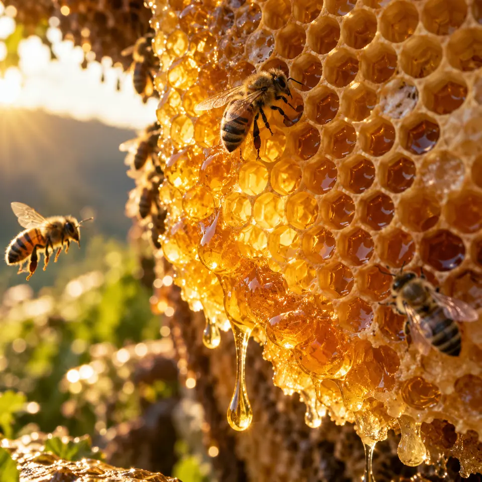 rayon de miel doré éclairé par la lumière, quelques abeilles