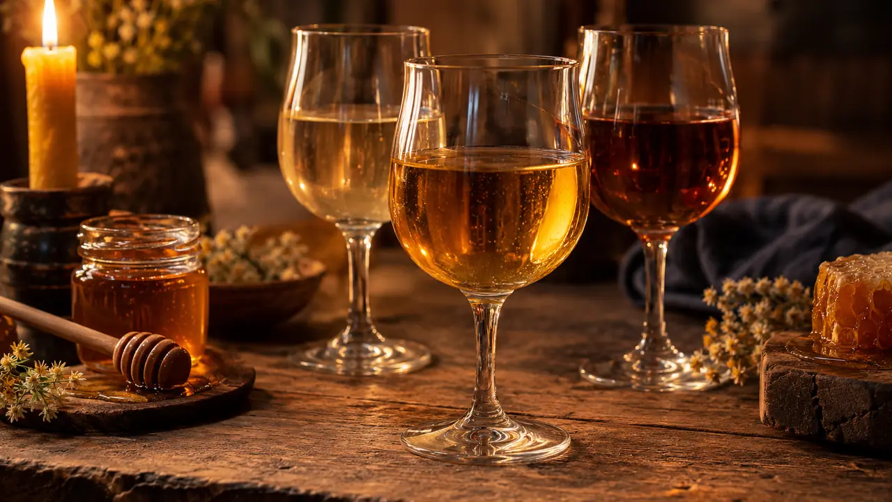 trois verres d'hydromel, du doré pâle à l'ambre, sur une table avec du miel