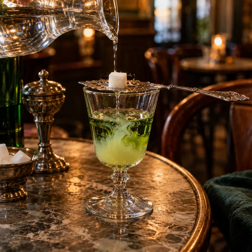 verre d'absinthe avec cuillère percée et sucre, eau qui coule goutte à goutte