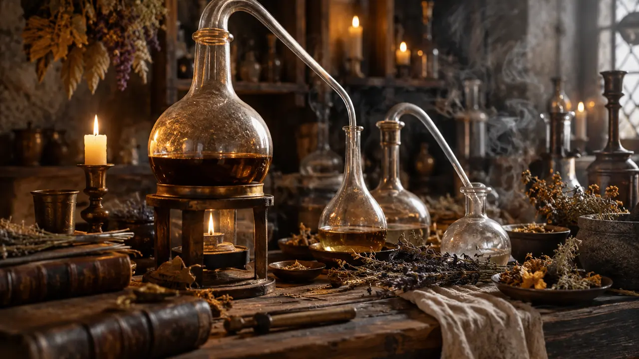 alambic en verre et cornues sur une table d'alchimiste éclairée à la bougie