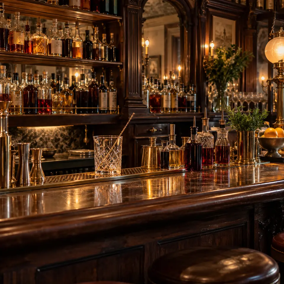 comptoir de bar du XIXe siècle avec bouteilles d'amers et de vermouths sans étiquette