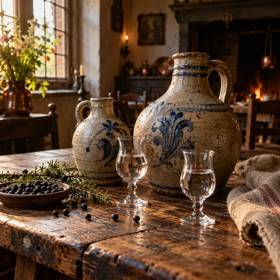 cruchons en grès anciens et petits verres de genièvre sur une table de taverne flamande