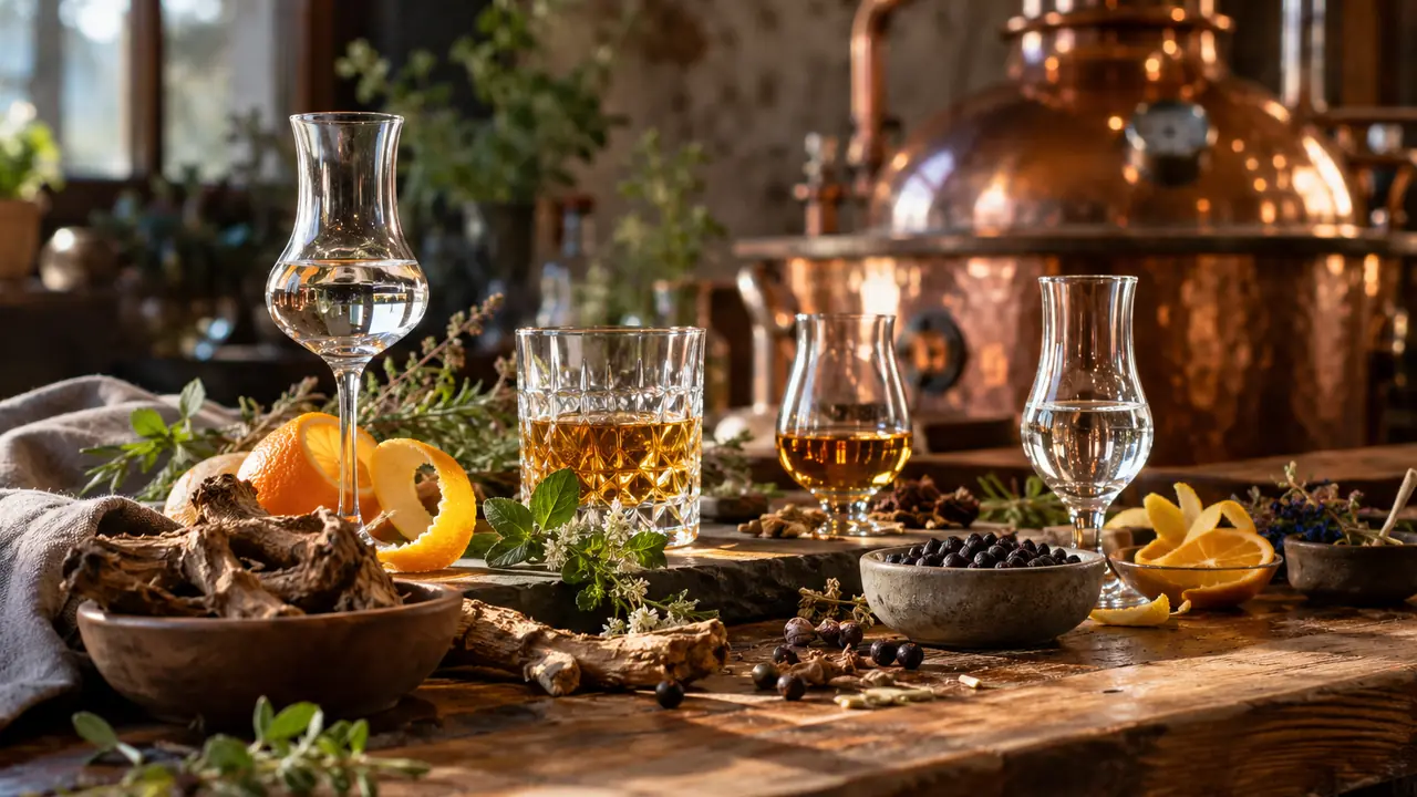 verres de spiritueux clairs et ambrés entourés de plantes et d'écorces sur un comptoir artisanal
